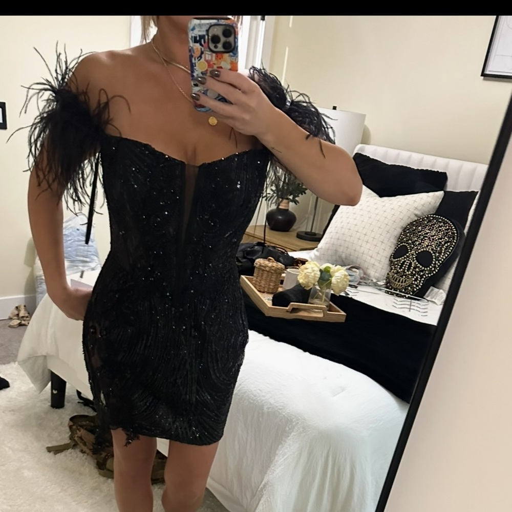 Portia and Scarlett Black Feather-Trim Mini Dress